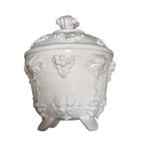 Fenton Blush Peach Milk Glass Grape & Leaf Pattern Footed Candy Dish Lid 5” 🍑